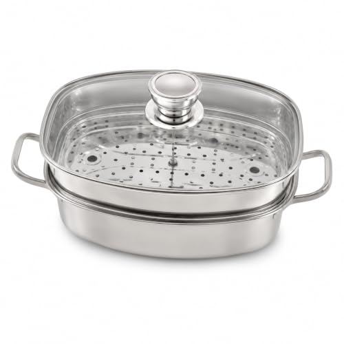 Pentola a vapore per pesce ovale, a due piani, multiuso, adatta per cottura a vapore adatta a induzione, set di cottura in acciaio inox, coperchio in vetro, timer, piatto in porcellana, inserto per