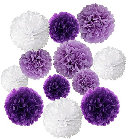 Wartoon Tissue Paper Pom Poms Flowers for Wedding Birthday Party Baby Shower Decoration, 12 Pieces ( Purple, Lavender and White )