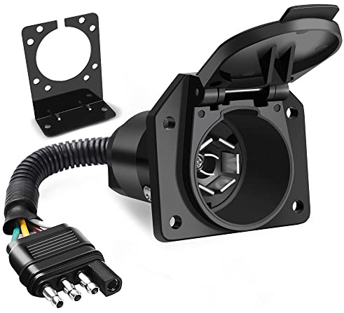 MICTUNING 4 Way Flat to 7 Way Round Blade Trailer Adapter Wiring Harness 4 Pin to 7 Pin Electrical Connect Wiring Plug Connector with Mounting Bracket for RV Truck Factory Tow Package