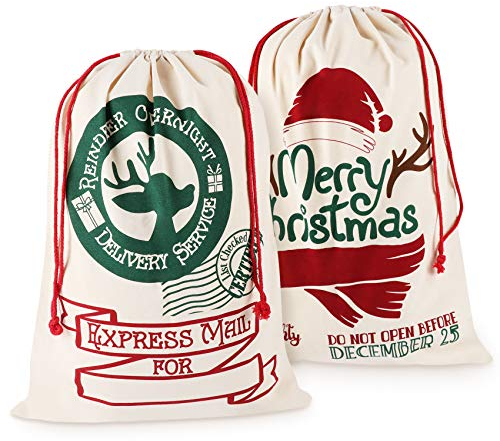 Homewit Santa Sack Christmas Bags, 2pcs Large Cotton Santa Bag with Drawstrings - 70cm x 50cm Santa Sack Delivery Bag to make Christmas morning Extra Special