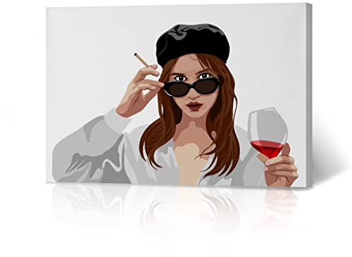 HB Art Design Pretty Girl Smoking Cigarette and Drinking Wine Painting Smoke Weed Canvas Wall Art Print Living Room Bedroom Man Cave Garage Cannabis Hippie Decor Stoner Gift Ready to Hang 8x12
