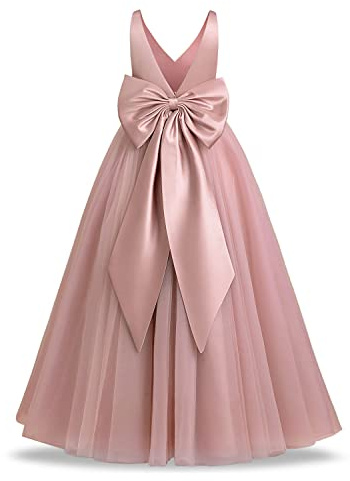 FYMNSI Abito da ragazza con fiore per la prima comunione per bambini, a maniche corte, in tulle a rete, per principessa, da principessa a trapezio, Scollo a V Rosa Polveroso, 11-12 Anni