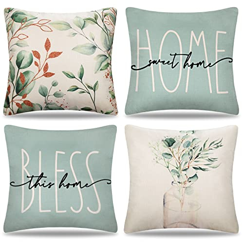 Kissenbezug 40x40 Outdoor Kissen Frühling Grün Eukalyptus Blätter Vase Sofakissen Dekokissen Couchkissen Bezüge Kissenhülle Sommer Pflanze Zierkissenbezug für Sofa Wohnzimmer Bett Garten Haus 4er Set