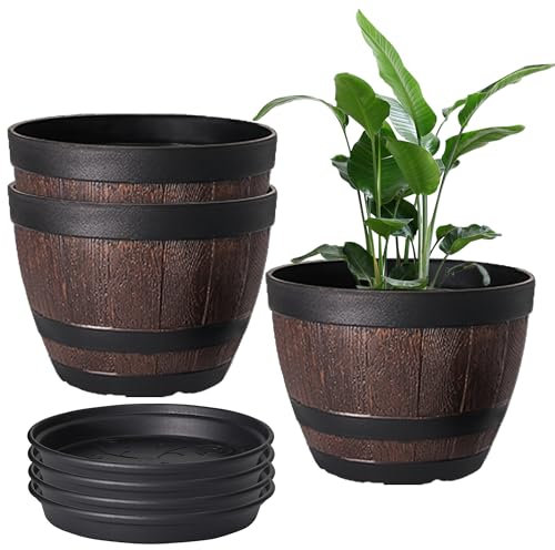 VECELO Plant Pots with Drainage Holes & Saucer, 9 Inch Flower Pots with Tray, 3 Pack Plastic Whiskey Barrel Planters for Indoor & Outdoor Garden Home Plants and Flowers