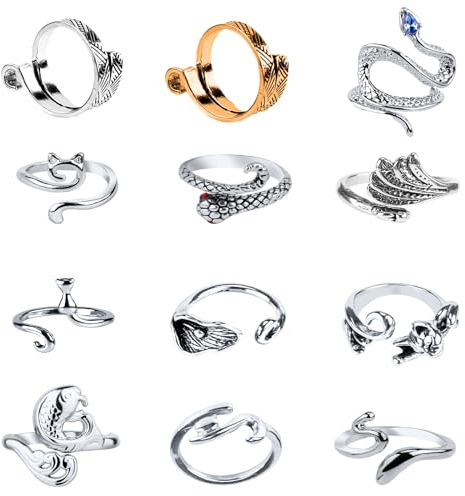 12St Strick und Häkelring, Verstellbarer Häkelführungsring aus Metall Strick Fingerhut Fingerhalter Fisch Katze Schlangen-Design Nähwerkzeuge für Quilten, DIY-Handwerk