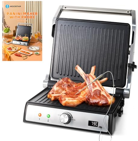 Aigostar Sandwich Toaster 2000W Toastie Maker with Meat Thermometer, Recipes, Deep Fill Panini Press with Removable Non-Stick Plate, 180° Flat Open Large Grill, Adjustable Temperature, Stainless Steel