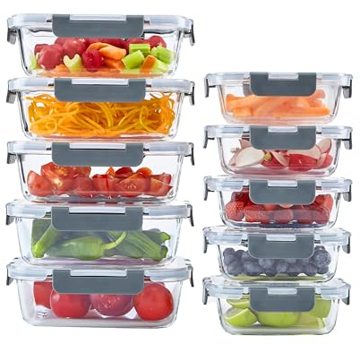 Neo 10 Containers & 10 Lids Glass Food Storage Containers Set with Snap Locking Lids Meal Prep Airtight Lunch Box Microwave Oven Freezer and Dishwasher Friendly (10 Piece)