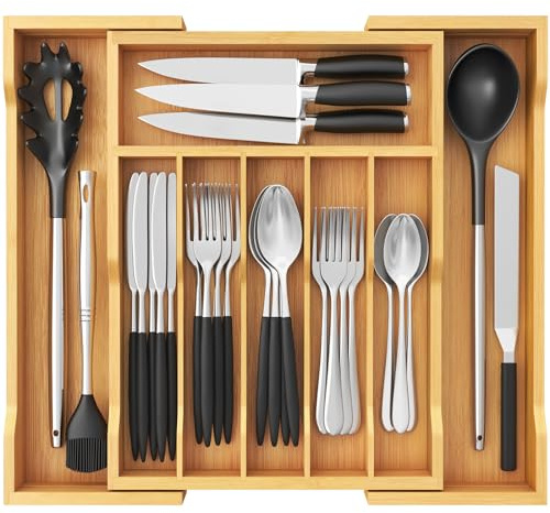 Lifewit Silverware Drawer Organizer, Expandable Utensil Tray for Kitchen, Flatware and Cutlery Holder, Wood Adjustable Storage for Spoons Forks Knives, 13-22x15/ 33-56x38cm, Natural