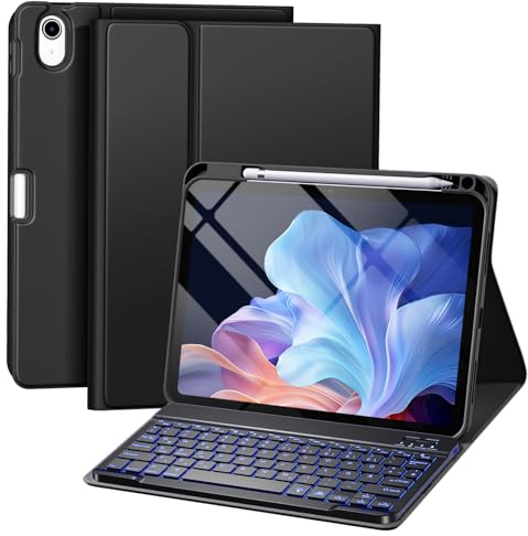 drivego Hülle mit Tastatur für iPad 11 Generation A16/10 Generation (11/10.9 Zoll, 2025/2022), 7-farbige Beleuchtung Magnetische Tastatur für iPad 11./10. Gen Hülle mit Stifthalter, Schwarz