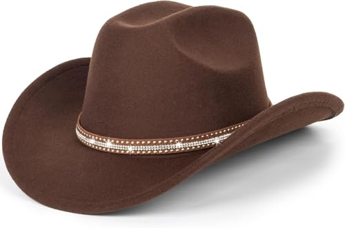 HilyBony Classic Western-Cowboy-Hat Womens Wide-Brim-Cowgirl-Hats Felt Fedora Hat with Shinny Band