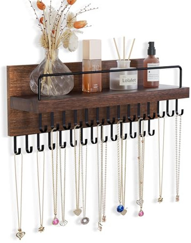 Lolalet Necklace Holder Hanging Necklace Organiser Wall Mounted Jewelry Organizer with 28 Hooks and Perfume Shelf, Wood Necklace Hanger Rack for Bracelets -Brown