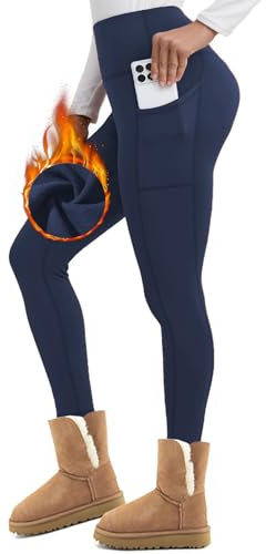 Merlvida Thermo Leggings Damen High Waist Gefütterte Thermoleggins für Winter Warme Sportleggins Lang Blickdichte Fleece Leggins Elastische Strumpfhose Kuschelige Thermohose mit Taschen
