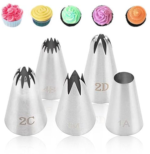 CANCYCC Tüllen für Spritzbeutel, 5 Stück Edelstahl Spritztüllen Set, Profi Nahtlose Spritztüllen, 5 Größe Tüllen Werkzeuge für Deko von Cupcakes Torten, Zuckerguss, Keksen