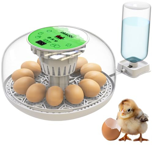 Okkobi M12 - Incubadora Huevos Gallina Automática - Volteo Automático y Control de Humedad - Chocadeira Ovos Automática - 12/24 huevos, Vista 360°, fácil de usar y limpiar - Blanco y verde