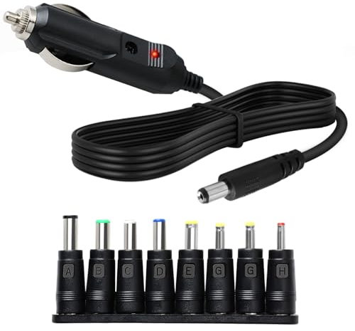 12V 5A Chargeur Allume-Cigare Universel avec 8 Connecteurs, Câble d'Alimentation 1.2m, Prise Allume-Cigare DC 5.5 x 2.1mm pour Lecteur DVD, GPS, Routeurs, Ordinateurs, Ventilateurs, Caméras