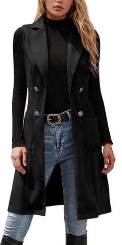 KBOPLEMQ Gilet lungo da donna, senza maniche, elegante, blazer, leggero, tinta unita, con tasche, autunno, giacca per le mezze stagioni, vintage, comodo, da lavoro, blazer anteriore, aperto, O nero