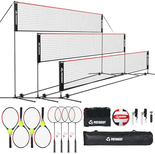 Patiassy 5.2M Badmintonnetz, Tennisnetz, Volleyball Netz für Garten, Höhenverstellbare Stangen, Tragbares 4-in-1 Netz Set mit Volleyball, Badminton & Tennis Schläger Federball Tennisball Tragekoffer