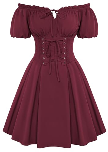 Scarlet Darkness Renaissance Costume Women Corset Dress Midi Off Shoulder Fairy Dresses Wine Red M