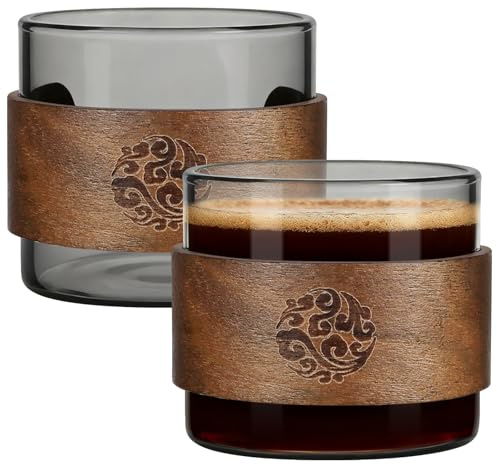 Hioph Espresso Cups 150ML Set of 2, Clear Coffee Mugs with Wooden Ring, Gray