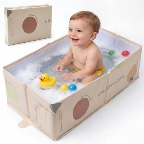 Bañera plegable y resistente para bebés de 0 a 8 años, bañera extra grande antideslizante para niños, diseño portátil que ahorra espacio para recién nacidos, niños pequeños y niños (beige)