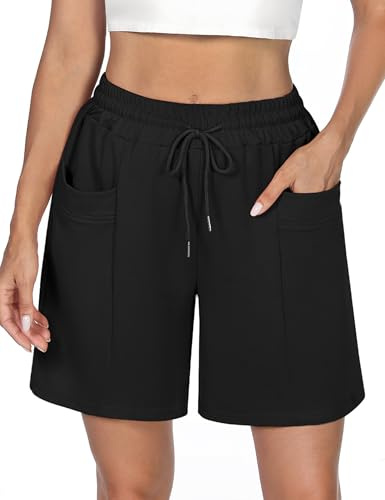 Demegimi Women's Sports Shorts with Deep Pockets High Waisted Summer Sweat Shorts for Gym Soft Breathable Running Shorts Ladies Casual Lounge Bottoms Black