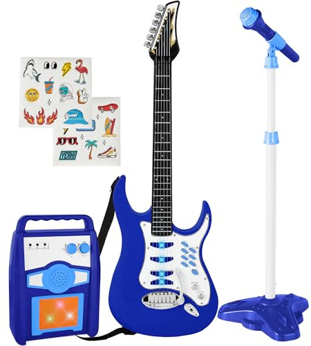 Best Choice Products Toy Kids Guitar Play Set Bundle, Pretend Play Toddler Electric Guitar Kit with Interactive Microphone, Amp, Whammy Bar, 6 Demo Songs and 2 Sticker Sheets - Blue