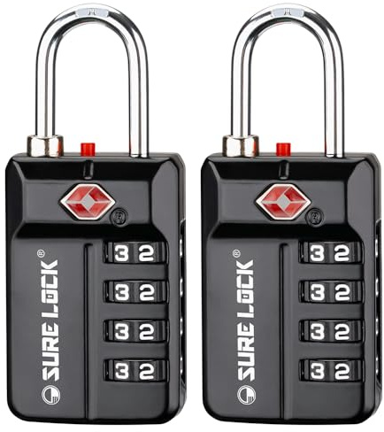 SURE LOCK TSA Approved 4-Digit Resettable Combination Luggage Locks with Open Alert, Easy-Read Dials - for Luggage, School Lockers, Gym, Office, Toolbox & Security Cases (Black 2 Pack)