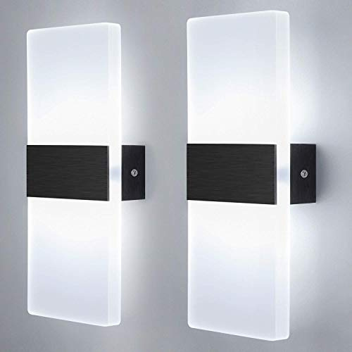 Glighone 2Pcs LED Indoor Wall Lights Acrylic Modern Sconce 12W, Cool White | Up and Down Wall Lights for Living Room Bedroom Hallway, Bulb Included
