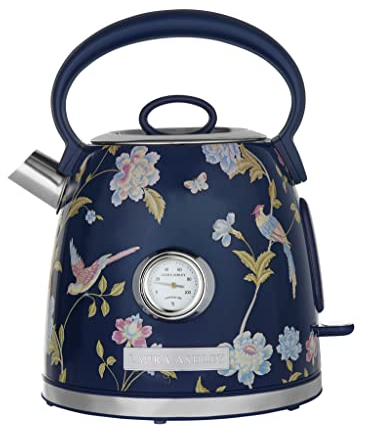 Laura Ashley Elveden Navy Cordless Electric Kettle By VQ, Stainless Steel Kettle With Capacity of 1.7 Litre, Energy Efficient 3KW Fast Boiling Technology With Boil Dry Protection & Temperature Gauge