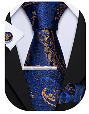 Barry.Wang Herren Seiden-Paisley-Krawatten mit Taschentuch Manschettenknopf Krawattenset Feierliche Hochzeit 3PCS