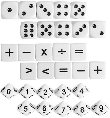 Loscrew Unterrichtswürfel 16mm Mathe Würfelspiele für Kinder 8-12 für Unterrichtsmaterial Acryl (10 Stück Mathe Operationswürfel + 10 Stück Zahlenwürfel + 10 Stück Punktwürfel)