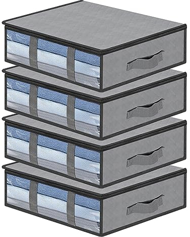 AiQInu Contenitori Sottoletto,4 Pezzi Organizer Sotto letto Con Finestra di Osservazione e Maniglia,Salvaspazio Pieghevole Organizzatore Armadio per Abbigliamento Coperte Piumoni