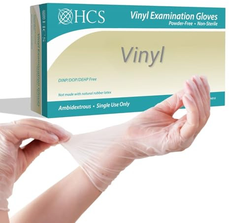 HCS Clear Vinyl Gloves - Large Gloves Disposable, Latex-Free, Powder-Free - Vinyl Disposable Glove, Cooking, Food Prep, Cleaning - Medical Exam Glove, Large (100/Box)