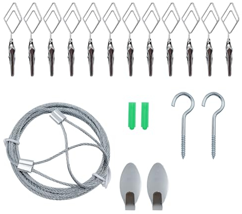 ONEBO 1 Set Photo Display String and Clips,Includes 1.4M Metal Wire Rope,12 pcs Diamond Shaped Clips,2 Self-Adhesive Wall Hook 2 Screw Hooks,Photo Board for Hanging Prints, ZPZSGSS-LX