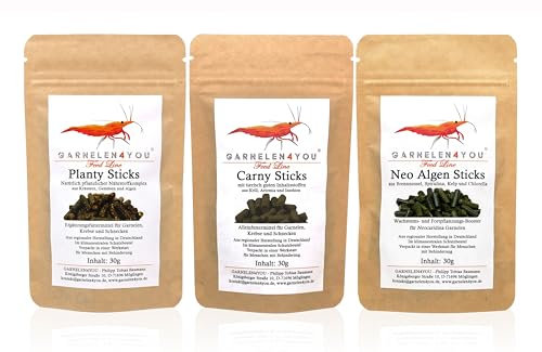 GARNELEN4YOU® Main Bundle: Carny & Planty & Neo Algen Sticks für Neocaridina | Premium Garnelen-Hauptfutter | aus regionaler Herstellung in DE | nachhaltige Verpackung | Garnelen, Krebse und Schnecken
