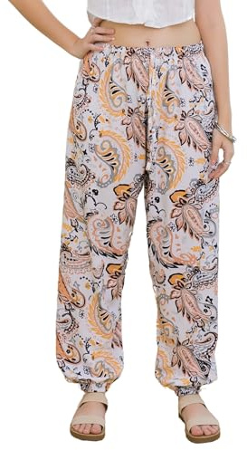 Lofbaz Mujeres Pantalones Harem Boho Cintura Alta Yoga Joggers Ropa Suelta Fluyente Verano Playa Hippie Bohemio Lounge Paisley Blanco Durazno OS