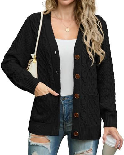 GRECERELLE Womens Cardigans for Women UK Knit Ladies Long Sleeve Button Down Oversized Aran Cable Knitted Jumper Cardigan Knitwear with Pockets (Black,L)