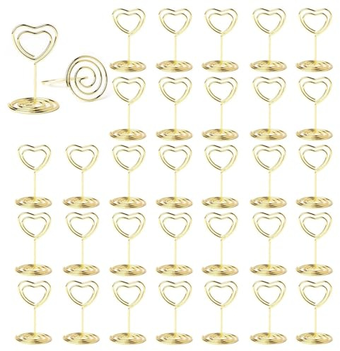ZYEKIU 30 Piezas Oro Soportes para Números de Mesa, Soporte Fotos de Metal, Soportes para Tarjetas, Soporte para Mensajes, para Restaurantes Banquetes Fiestas Celebraciones (Corazón)