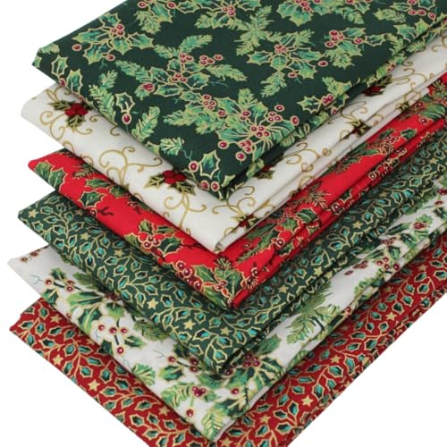 6 Fat Quarters Bundle - 'Jolly Christmas Holly' Festive Fabrics in Red, Green, Ivory & Gold. 100% Cotton Ideal For Xmas Quilting, Patchwork & Crafting (with free patchwork pattern by Overdale Fabrics)