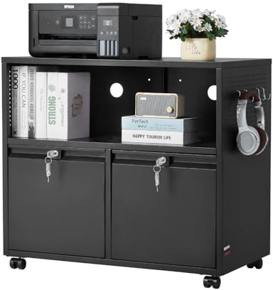 VEVOR Aktenschrank Schubladenschrank mit 2 Schubladen, seitlicher Rollcontainer mit Schloss & verstellbaren Hängestangen, breiter Aufbewahrungsschrank für Schreibwaren Drucker Dokumente (Schwarz)