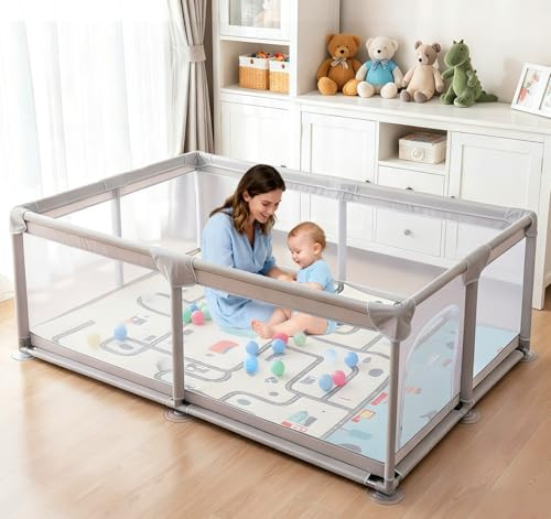 Truevaste Laufstall Baby mit Matratze 120x180x65 cm, Großes Laufgitter 600D Oxford mit 50 Bällen, Rutschfesten Saugnapf-Füßen, Playpen für 1–2 Kinder, Wohnzimmer & Spielzimmer