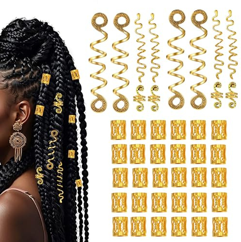Zosutetoxo 42stück Gold Haarschmuck Set, Haarreife Accessoires Metall Schmuck Verstellbare Zöpfe Dreadlocks Perlen Armband Haarspangen für Frauen Männer