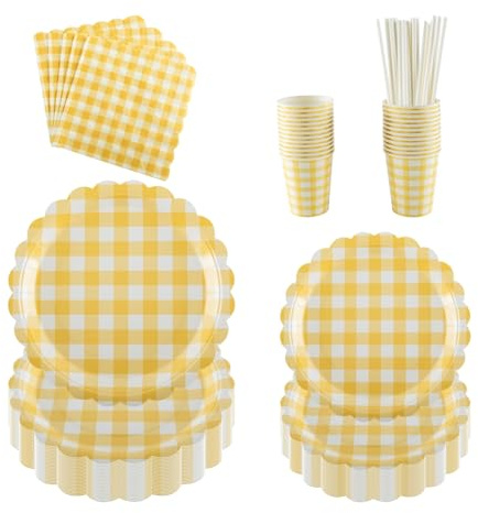 PHUNAT 25-Guests Party Plates Cups and Napkins Set, Includes Yellow Gingham Scalloped Paper Plates (7 & 9 inch), Perfect for Parties Events and Celebrations