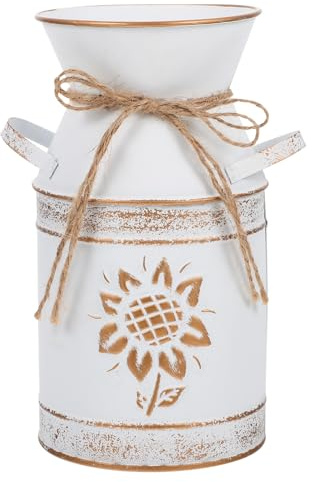 LALAFINA Metal Flower Vase and Vintage Storage Bucket White Sunflower Design Garden Planter Pot for Home Floral Arrangement and Dried Flowers Display