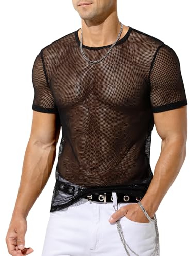 Casey Kevin Haut Résille Homme Tee Shirt Transparent Maille T-Shirt | Résille, Col Rond, Manches Courtes, Tenue Sexy, Filet, Pour Clubwear Disco Boîte de Nuit Soirées Streetstyle Festivités