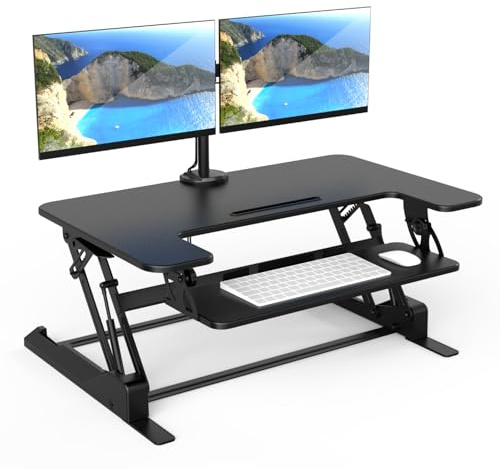 Mount-It! Standing Desk Converter Dual Monitor, 2 Screen Mounts Included, Height Adjustable Desk Riser in Black, Stand Up Desk Convertor Large 36 Wide, Sit Stand Convertor with Manual Lift Gas Spring