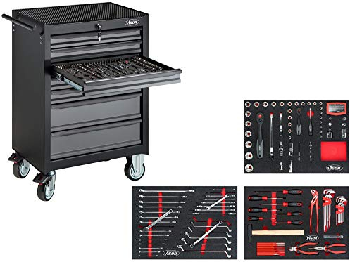 Carro de taller ViGOR Serie M con surtido de 256 piezas V2379N, 7 cajones, alfombrilla de espuma, capacidad de carga 400 kg, con alicates, destornilladores, con cerradura, 681 x 460 x 1016 mm