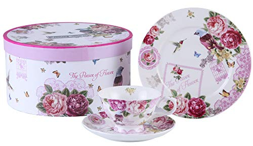 London Boutique tè del pomeriggio set 3 caffè tazza da tè e piattino da dessert in stile shabby chic vintage in porcellana, confezione regalo, Ceramica, Bird Rose Butterfly, 11x8cm