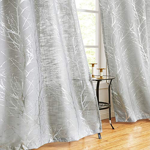 Fmfunctex Grey Silver Semi Sheer Curtains for Bedroom 54 Drop Voile Curtain for Living Room Branch Foil Eyelet Linen Textured Light Filtering Window Curtain Drapes for Dining Room 2 Panels