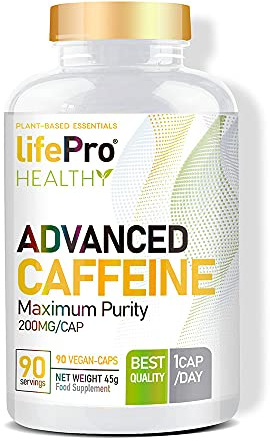 Life Pro Advanced Caffeine 200mg – Cafeína anhidra para potenciar la energía y mejorar el rendimiento deportivo - Termogénico para acelerar el metabolismo – 200 mg – 90 cápsulas veganas